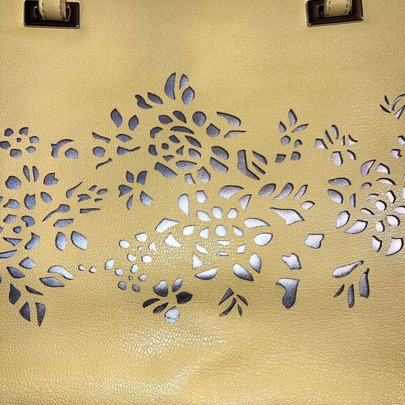 Nine West Ava Faux Leather Tote Bag Purse Floral Laser Cut Design Yellow Silver - Picture 2 of 14